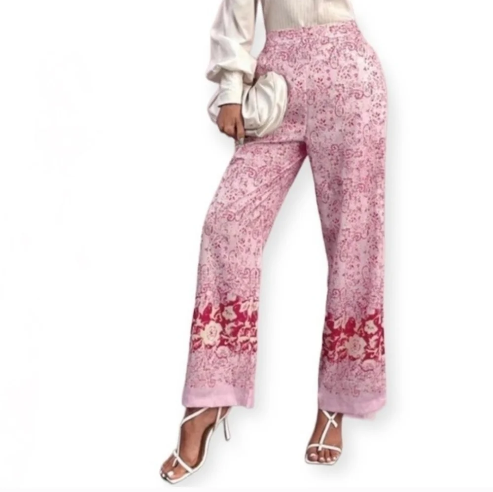 ZARA Linen Blend Paisley Floral Printed Pull On Wide Leg Trousers Size L